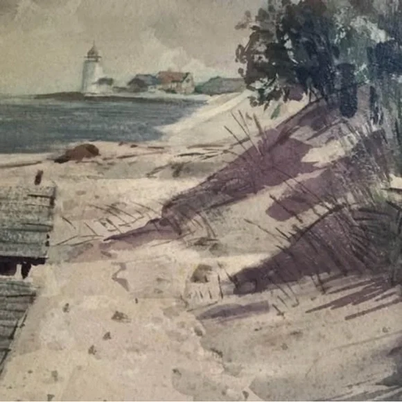 Vintage Original Beach Lighthouse Watercolor Painting - Ralph Lauren Coastal - Picture 4 of 6